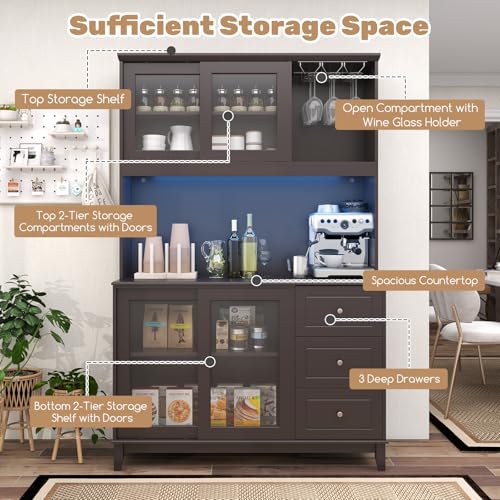 73" Kitchen Pantry Storage Cabinet with LED Lights & Power Outlet, Wine Glass Racks, Adjustable Shelves, Drawers (Espresso) Q89858
