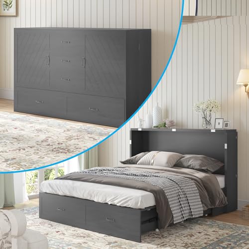 Queen Size Solid Wood Murphy Bed with Foam Mattress and 2 Storage Drawers Y745132